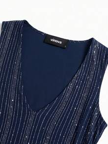 VINOVA Women's Sequin V-Neck Sleeveless Top, Elegant Slim Fit Waist Camisole, Suitable For Spring/Summer, Party, Evening Date, Nightclub - Navy Blue - View 6