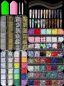 8Box Random Mixed Bedazzling Kit Simulated Resin Pearls, Flowers, Round Rhinestone Bows, Mini Round Beads Gothic Punk Nail Accessories For Nail Art, Phone Case & Holiday Craft Decor - Multicolor - View 1