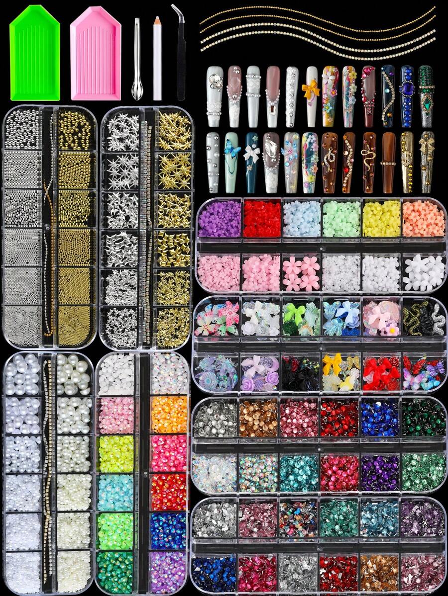 8Box Random Mixed Bedazzling Kit Simulated Resin Pearls, Flowers, Round Rhinestone Bows, Mini Round Beads Gothic Punk Nail Accessories For Nail Art, Phone Case & Holiday Craft Decor - Multicolor - View 1