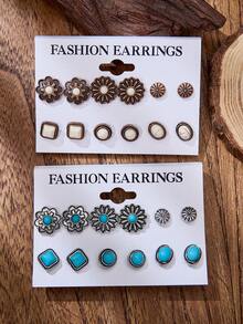 luodee 6 Pairs Vintage Western Style Turquoise Inlaid Stud Earrings, Multiple Styles Combination Earring Set, Bohemian Earring Set For Women, Gift For Women - Multicolor - View 5