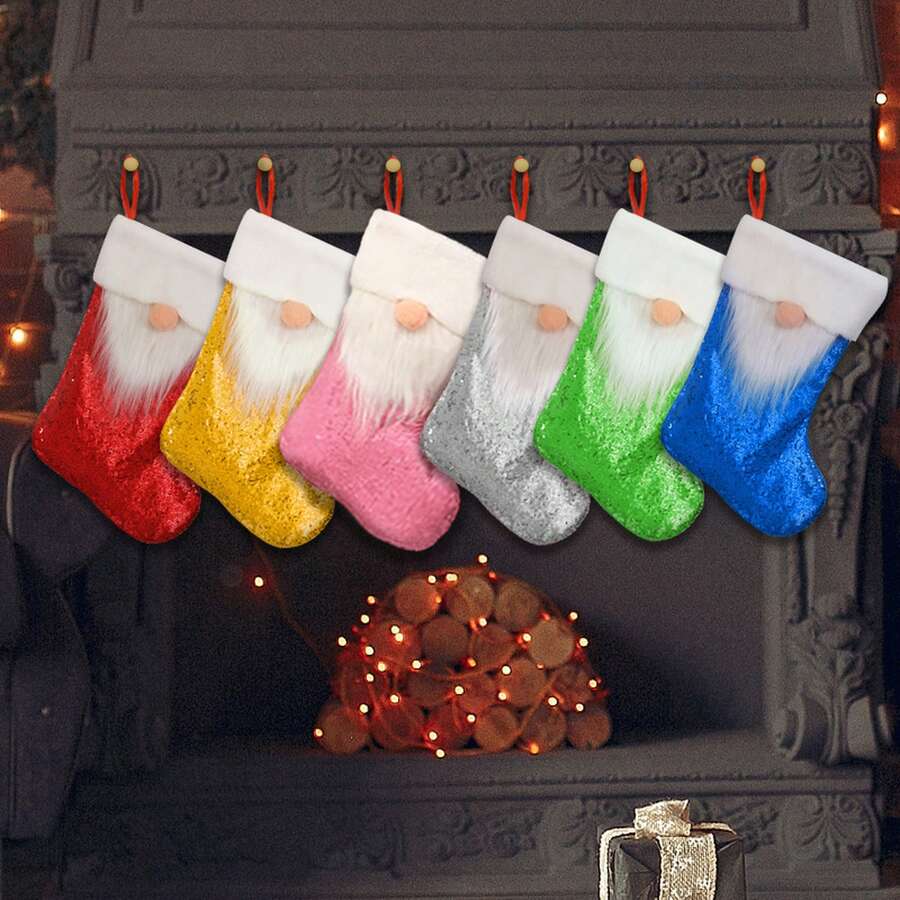 Glitter Sequins Gnome Christmas Stocking, Plush White Cuff Beard Faceless Dwarf Xmas Sock, Used For Candy Gift Storage, Fireplace Hanging Decoration, Christmas Tree Ornament - Silver Sequined Version - View 1