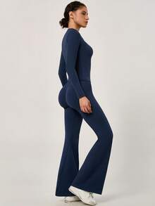 NcmRyu One Set Women's Round Neck Fitted Soft Long Sleeve High Waist Comfortable Flared Leggings Gym Training Running Aerobics Yoga Pilates Workout Set - Blue - View 9
