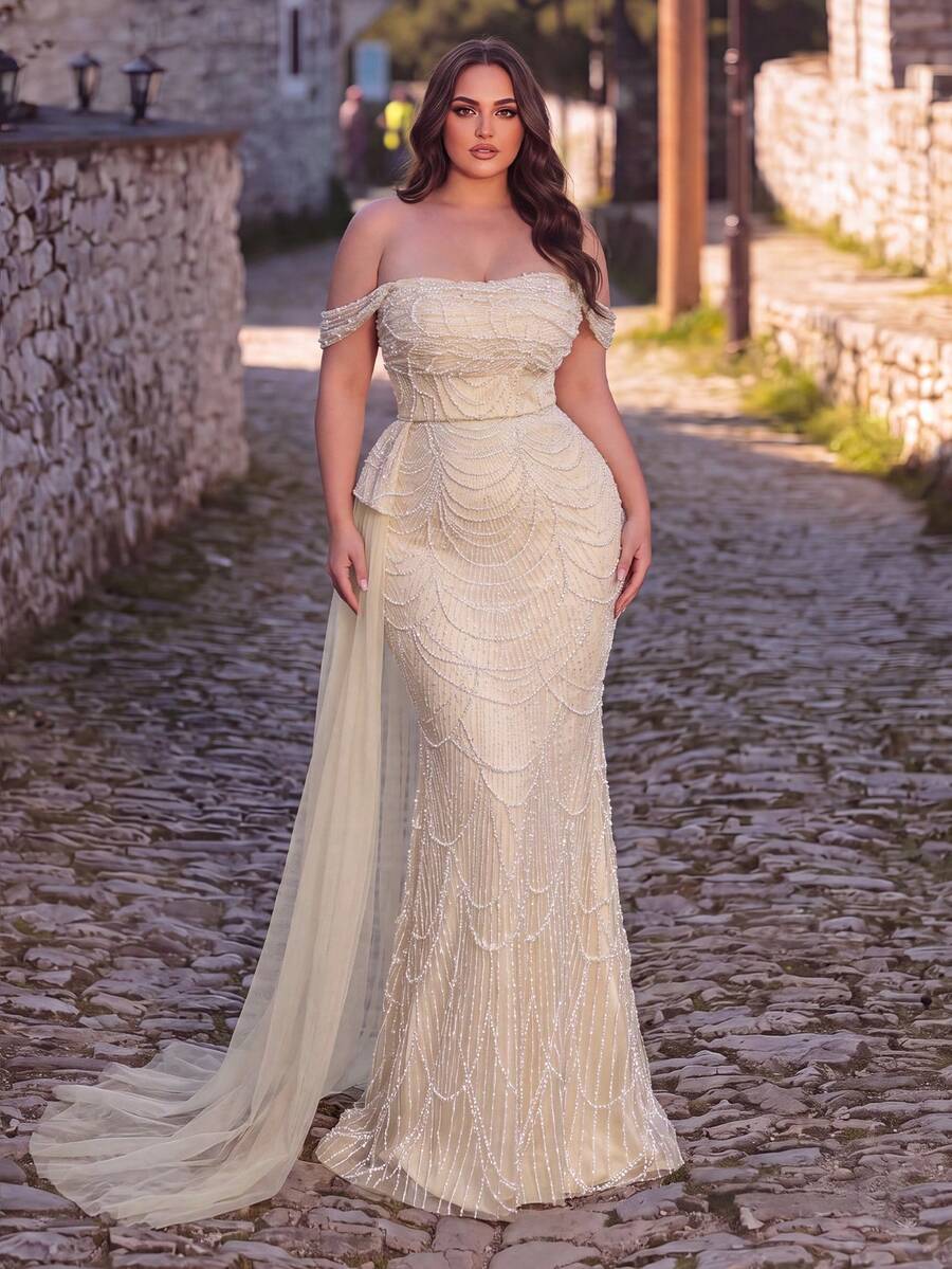 Plus Size Off-Shoulder Sequin Mermaid Gown For Women, Featuring Beaded Detail And Cold Shoulder Sleeves, Ideal For Parties And Special Occasions - Champagne - View 1