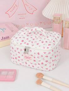 1Pc Ditsy Floral Quilted Makeup Bag With Built-In Mirror Portable Handle Large Capacity Travel Cosmetic Organizer Skincare Wash Bag For Women Daily T - Multicolor - View 14