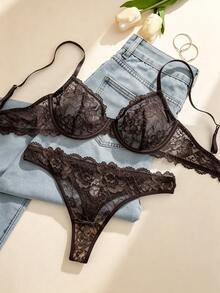 Lilivine 1set Women's Solid Color Lace Underwired Bra & Panty Set - Chocolate Brown - View 2