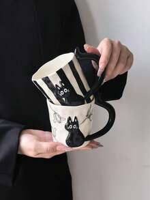 1pc Creative Black Cat Coffee Mug, Korean Ins Style Highly Attractive Handmade Art Mug, Cartoon Cute Style, Perfect Gift For Giving, Exquisite And Interesting Cup - Multicolor - View 8