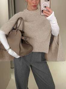 MORI Sweater Wanita Musim Gugur Musim Dingin Y2K Elegan Beige Leher Tinggi Model Mock Neck Lengan Terbuka Belahan Rajut Bergaris Model Cape Sweater Pullover Atasan untuk Pakaian Kembali ke Sekolah - Aprikot Kakao - View 2
