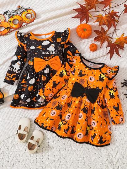 Bộ 2 váy dài tay bé gái mùa Thu/Đông Halloween in toàn thân, họa tiết Ma bí ngô / Mèo & Phù thủy mạng nhện, tay cánh dơi, gấu bèo nhún, nơ lớn phía trước, chân váy xếp tầng, váy tiệc lễ hội cho bé