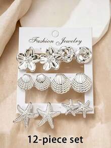 2-12pcs Fashion Ocean Style Silver Stud Earrings Set, Flower Shell Starfish Combination Set, Suitable For Women's Daily Wear, Summer Beach Vacation - Silver - View 7