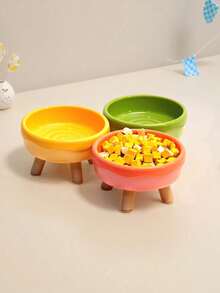 Elevated Ceramic Pet Bowl With Wooden Four Legs, Neck Protection Raised Dog Cat Feeding Bowl Anti-Tip Stable Pet Food Bowl For Small Medium Dogs Cats - Multicolor - View 4
