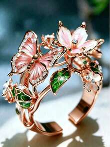 1pc Colorful Enamel Zirconia Butterfly Ring, Fashion Open Flower Decor Finger Ring, Suitable For Weddings, Galas, Music Festivals, Holidays - Multicolor - View 1