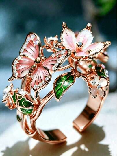 1pc Colorful Enamel Zirconia Butterfly Ring, Fashion Open Flower Decor Finger Ring, Suitable For Weddings, Galas, Music Festivals, Holidays