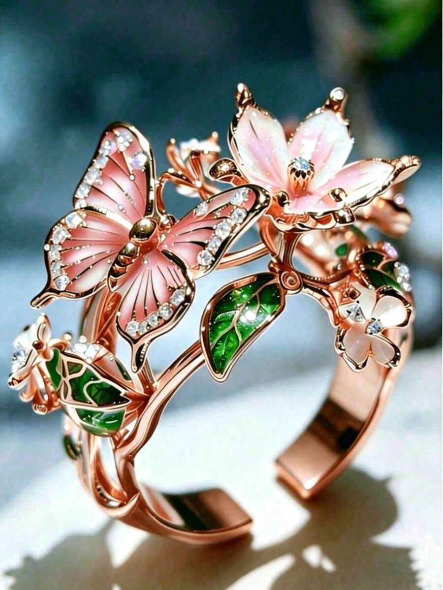 1pc Colorful Enamel Zirconia Butterfly Ring, Fashion Open Flower Decor Finger Ring, Suitable For Weddings, Galas, Music Festivals, Holidays - Multicolor - View 1
