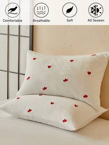 1pc Red Small Heart Embroidered Pillowcase, Cute Romantic Modern Style Decorative Throw Pillow Cover Suitable For All Seasons, Ins Style Home Decor Long Pillowcase, Machine Washable, No Filling Included - Red and White - View 5