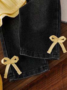 Baby Girl Spring/Autumn Fresh Pastoral Style 2-Piece Set Textured Striped Ruffle Trim Hem Cinched Waist Round Neck Pullover Top + Bow Decor Black Gray Denim Gradient Straight Leg Long Pants - Yellow - View 6