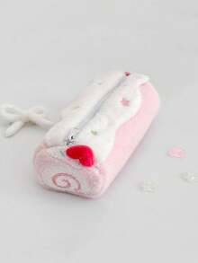 1pc Cute Cake Plush Pencil Case, Heart Cartoon Large Capacity Stationery Bag, Soft Student Plush Pencil Storage Bag - Multicolor - View 5