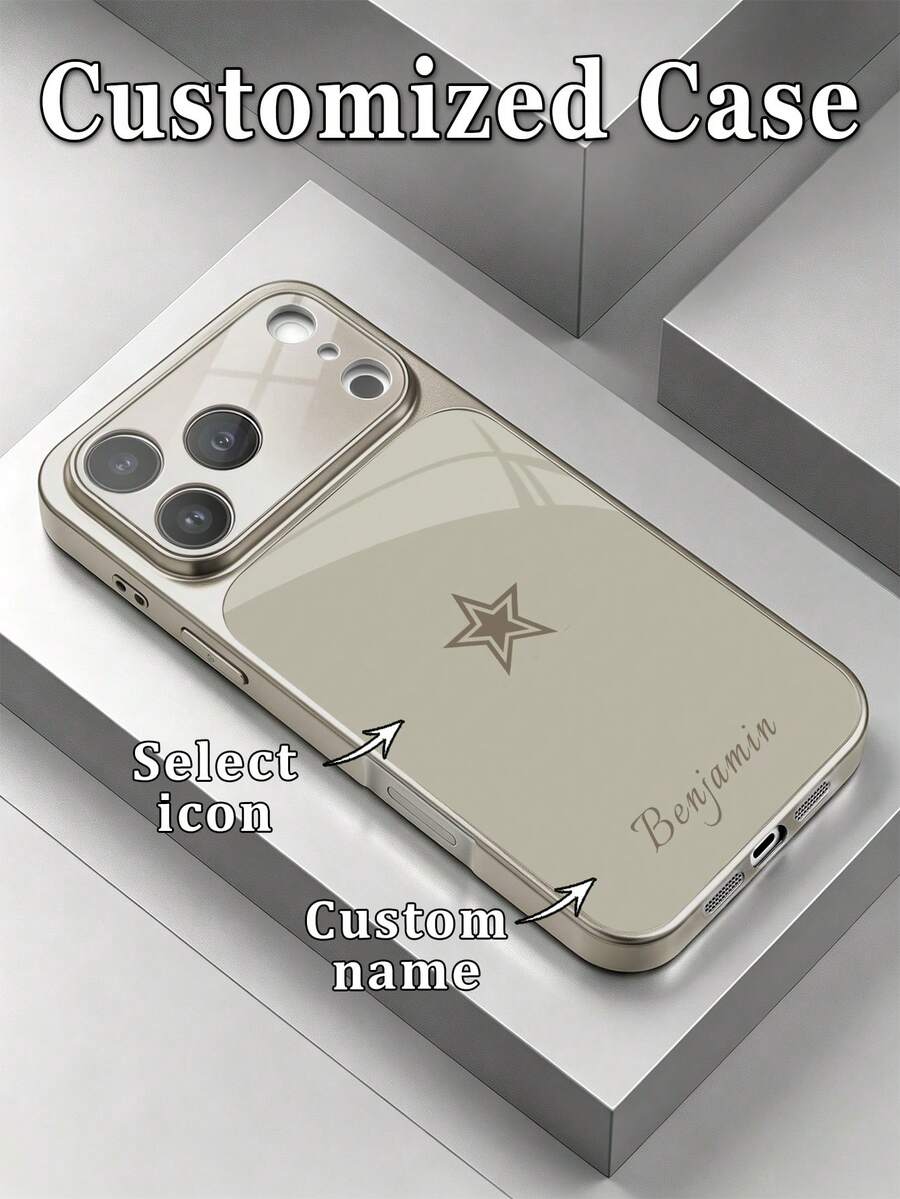 1pc Customized Name Minimalist Star Pattern Luxury Fashion Large View Tempered Glass With Lens Protection Matte Anti-Drop Phone Case Compatible With IPhone 17/17Pro/17ProMax/17Air/16/16Pro/16ProMax/16Plus/15/15Plus/15Pro/15ProMax/14/14Plus/14Pro/14ProMax/13/13Pro/13ProMax/12/11 Phone Accessories, Full Coverage High-End Protective Cover - Rose Gold - View 1