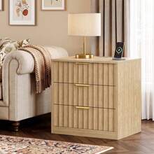 Nightstand Set Of 2 With 3 Drawers, Modern Bedside Table With Charging Station And LED Lighting, Fluted Bed Side End Table With Metal Handles, LED Nightstand For Bedroom, Living Room, Office - Natural - View 1