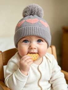 1pc Baby Girl Newborn Toddler Pom-Pom Heart Beanie Hat Earflap Hat,Cozy Knit Winter Warm Heart Cute Hat For Kids, Outdoor Baby Accessories Bonnet - Multicolor - View 3
