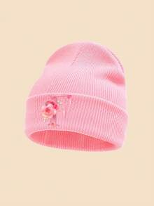 1 Peça Gorro de Tricô Rosa Infantil, Estampa Floral de Letras A-Z, Chapéu Quente de Outono/Inverno, Macio e Confortável com Punho Dobrado, Adequado para Uso Diário, Pode Ser Usado como Presente - Rosa chiclete - Visão 32