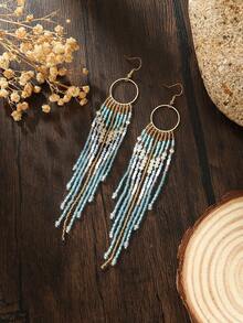 SOUL BEADING أقراط شرابات خرزية مصنوعة يدويًا، بأسلوب بوهيمي، بأسلوب عطلة عتيق، حلقة معدنية، نمط هندسي متدرج، شرابات طويلة باللون الأخضر والأزرق، مناسبة للارتداء اليومي، أسلوب متعدد الاستخدامات، ارتداء في جميع الفصول، هدية - شرابات مزينة بالخرز - مشاهدة 9