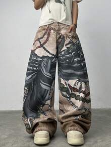 Justice Brother 1pc American Street Style Personalized Multi-Color Digital Print Men's Denim Jeans Fashion Loose Wide Leg Pants All Season Versatile Long Pants (Belt/Accessories Not Included) - Multicolor - View 7
