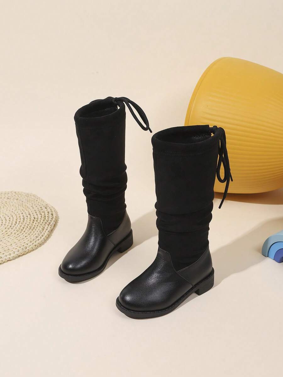1 Pair Vintage Pleated Velvet PU Padded Low Heel Mid-Calf Boots, Suitable For Girls, Fashionable And Versatile, For Autumn/Winter Wear - Black - View 1