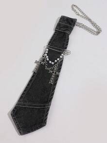 1 st tvättad denim-brosch med korsknut, strass- och pärlkedja, punkstil, skjortdekoration - Multifärgad - Visa 8