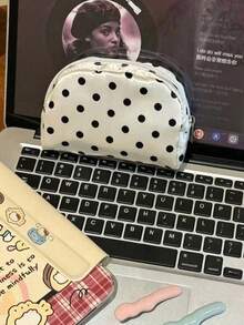 日韓風小眾設計 Ins 感波點收納包 手提即拍相機收納袋 女款學生化妝包 CCD 相機便攜式衛生棉收納手拿包 - 白色 - 查看 3
