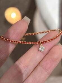 1 pièce Bracelet en acier inoxydable avec patchwork de cœur 3D, bracelet de style luxe Ins avec pompon et cœur pointu - Bracelet en trèfle à quatre feuilles - Voir 1