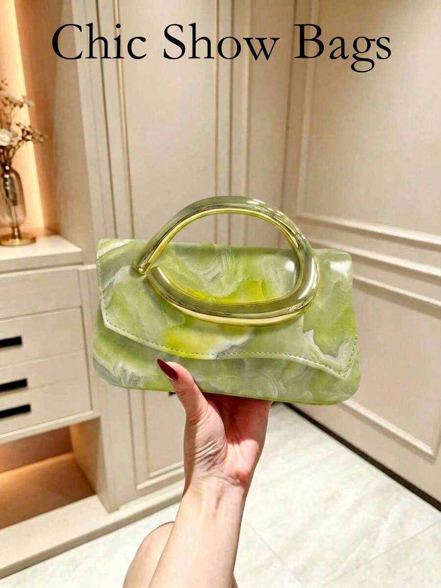 Women's Green Marble Pattern Evening Clutch, Rectangular Top Handle Bag, Gold D-Shaped Handle, Suitable For Weddings, Parties, Formal Occasions - Green - View 1