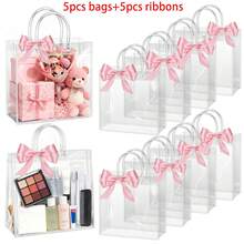 30pcs (20*20*8cm) Transparent PVC Tote Bags, Shopping Bags, Birthday Party Gift Packaging Bags, Transparent Reusable Waterproof Multi-Purpose Holiday Favor Bags (15pcs Bags+15pcs Ribbons) - Transparent - View 6