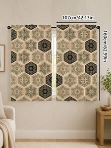 2PCS, Bohemian Hexagonal Floral Curtains, Vintage Mandala Tile Pattern Window Fabric, Pastoral Bohemian Style Living Room Bedroom Kitchen Decor - Multicolor - View 16