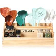 Caja Organizadora de Utensilios de Cocina de Madera con Divisores, Soporte para Vajilla para Decoración del Hogar y Almacenamiento de Cocina - Ver 2