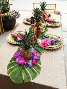 1pc Artificial Tropical Palm Leaf Tabletop Decor, Hawaiian Theme Faux Palm Leaf Tablecloth, Home Desktop Decoration, Suitable For Hawaiian, Flamingo, Summer Beach, Birthday And Aloha Party Table Skirt, Kitchen Decor - Multicolor - View 2