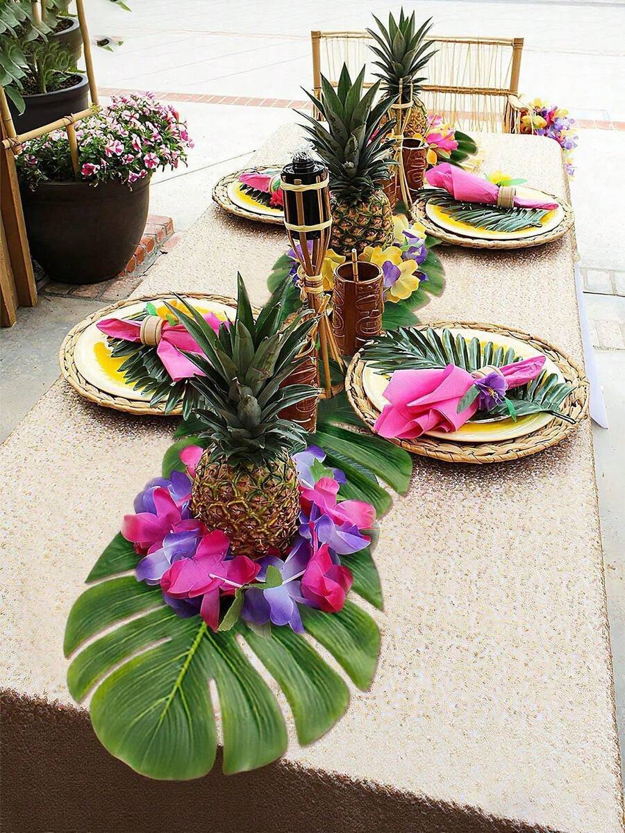 1pc Artificial Tropical Palm Leaf Tabletop Decor, Hawaiian Theme Faux Palm Leaf Tablecloth, Home Desktop Decoration, Suitable For Hawaiian, Flamingo, Summer Beach, Birthday And Aloha Party Table Skirt, Kitchen Decor