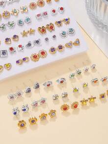 50 Pairs Mixed Color Cartoon Rhinestone Star, Music Note, Bow, Heart Plastic Stud Earrings Set, Suitable For Girls Birthday Party Or Gift - Multicolor - View 11