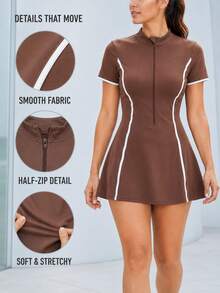 2pcs Women's Short Athletic Dress Set, Stand Collar Half-Zip Colorblock Fitted Tennis Dress And Independent Safety Shorts With Pockets Sports - Coffee Brown - View 4