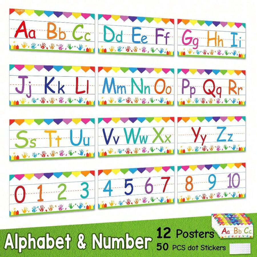 Set de 12 tiras con letras y números para tablón de anuncios, adecuado para decoración de aulas de preescolar y jardín de infantes, póster de aprendizaje para niños