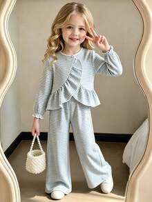 Little Girls 2Pcs Striped Outfit Set,Ruffle Trim Long Sleeve Open Front Blouse & Elastic Waist Long Pants,Spring Casual Young Girl Clothing - Blue - View 11