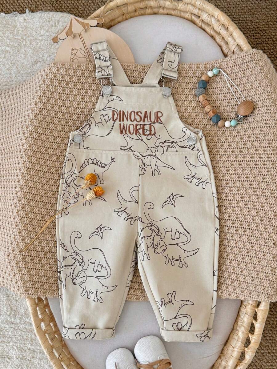 Baby Boy Casual Overalls, Dinosaur World Pattern Embroidered All-Over Print, Adjustable Shoulder Straps Infant Long Pants