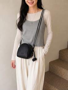 Mini Minimalist Casual Shell Litchi Texture Coin Purse Phone Bag Shell Solid Color Crossbody Bag - Black - View 5