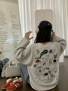 Women's Spring/Autumn Loose Fit Versatile Round Neck Fashion Top Casual Cat Pattern Letter Print Comfortable Long Sleeve T-Shirt - Light Gray - View 3