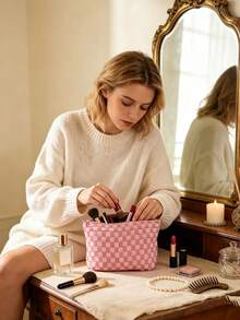 1 buah Tas Kosmetik Motif Kotak-kotak, Nama Dapat Disesuaikan, Tas Penyimpanan Perhiasan, Tas Kosmetik Bordir yang Dipersonalisasi, Organizer Perjalanan, Hadiah untuk Wanita dan Hadiah untuk Pengiring Pengantin - MultiWarna - View 5