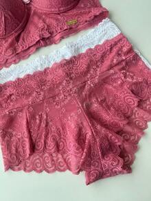 Conjunto Lingerie Plus Size Rendado Cropped  Lingerie Sensual Calcinha Alta Confortável - Rosa chiclete - Visão 5