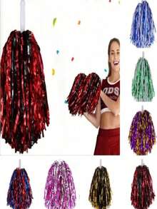 Aluminum Foil Long Ribbon Cheerleading Pom Poms, PE Material Waterproof 20g Ribbon Handle Stick, Reusable Handle Pom Poms, Suitable For Cheerleading Support Pom Poms, Dance Team Performance Props, Outdoor Square Dance Pom Poms And Fan Cheering Props Set - Multicolor - View 1