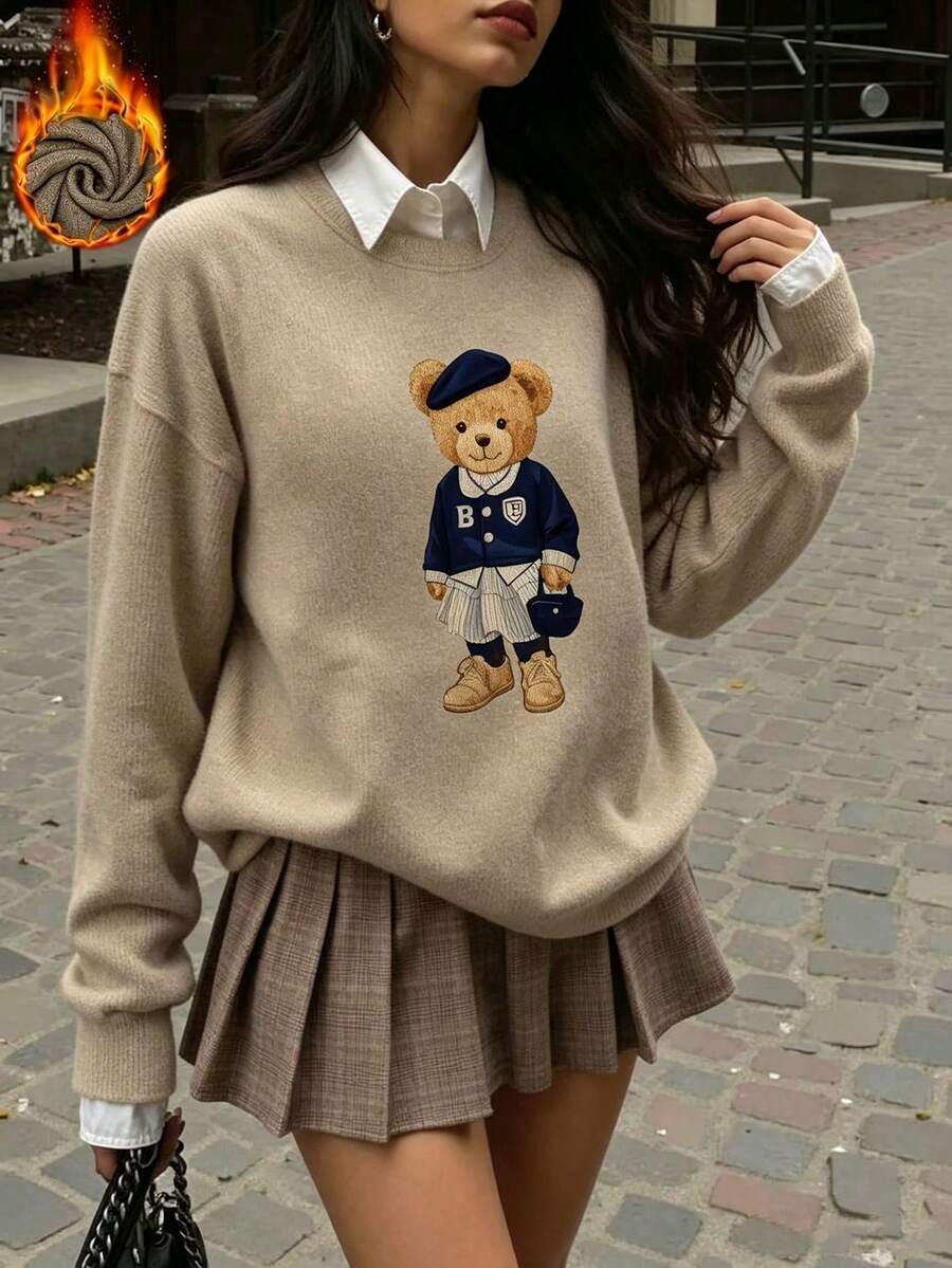 Plus Size Women's Comfortable Winter Faux Sweater - Cute Teddy Bear Design Round Neck Long Sleeve Top Soft Casual Faux Sweater - Earth Gray - View 1