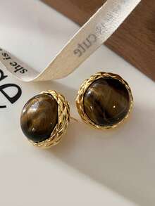1 Pasang Anting Tusuk Geometris Minimalis Vintage dengan Batu Mata Harimau Cokelat, Cocok untuk Dipakai Wanita Saat Berpergian Sehari-hari - emas + coklat - View 6