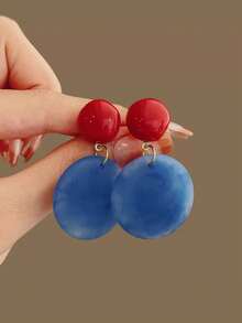 1 Pair Vintage Hong Kong Style Red & Blue Color Block Geometric Resin Earrings, Suitable For Women's Party And Gathering - Blue - View 6