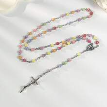 彩色櫻花天主教玫瑰念珠項鍊附十字架吊墜，女性祈禱靈性珠寶項鍊 - 彩色 - 查看 2